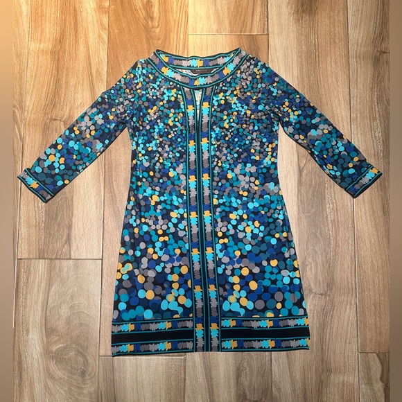 BCBG Max Azria Blue Dot Shift Dress Size Small 3/4 Sleeve Knew Length Black - Picture 6 of 11